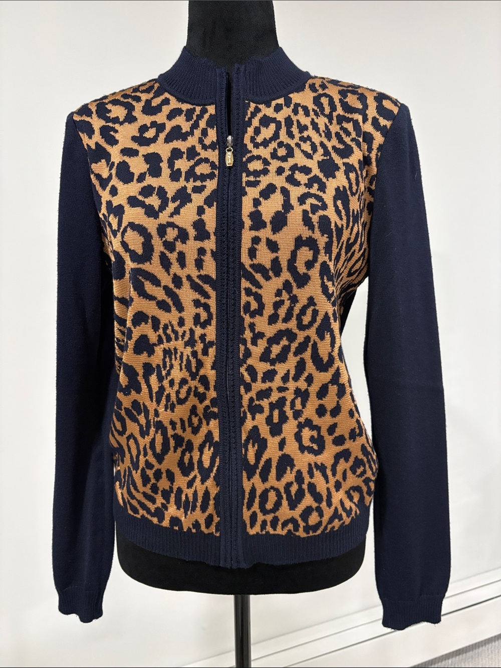 St John Sport Leopard Zip-Front Cardigan in Navy and Camel